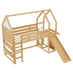 Lit mezzanine Bellemave House avec étagère et toboggan, structure de lit mezzanine en bois massif avec barrières de sécurité et design ludique pour enfants