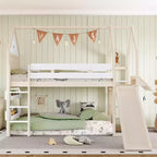 Lit mezzanine Bellemave House avec étagère et toboggan, structure de lit mezzanine en bois massif avec barrières de sécurité et design ludique pour enfants