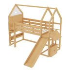 Lit mezzanine Bellemave House avec étagère et toboggan, structure de lit mezzanine en bois massif avec barrières de sécurité et design ludique pour enfants