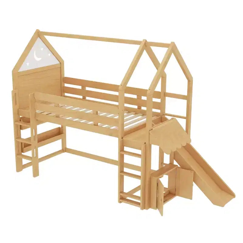 Lit mezzanine Bellemave House avec étagère et toboggan, structure de lit mezzanine en bois massif avec barrières de sécurité et design ludique pour enfants