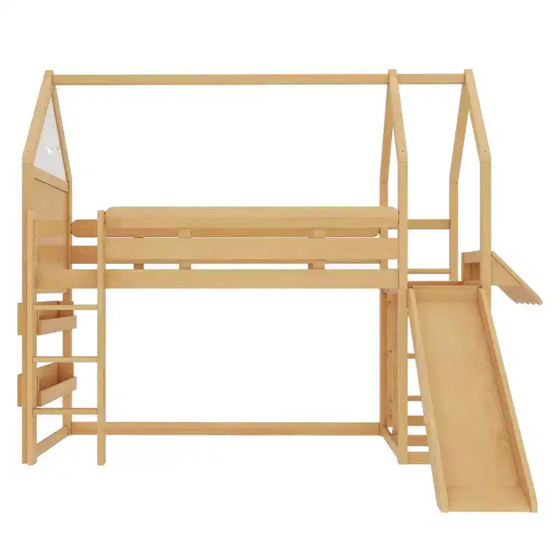 Lit mezzanine Bellemave House avec étagère et toboggan, structure de lit mezzanine en bois massif avec barrières de sécurité et design ludique pour enfants