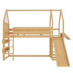 Lit mezzanine Bellemave House avec étagère et toboggan, structure de lit mezzanine en bois massif avec barrières de sécurité et design ludique pour enfants
