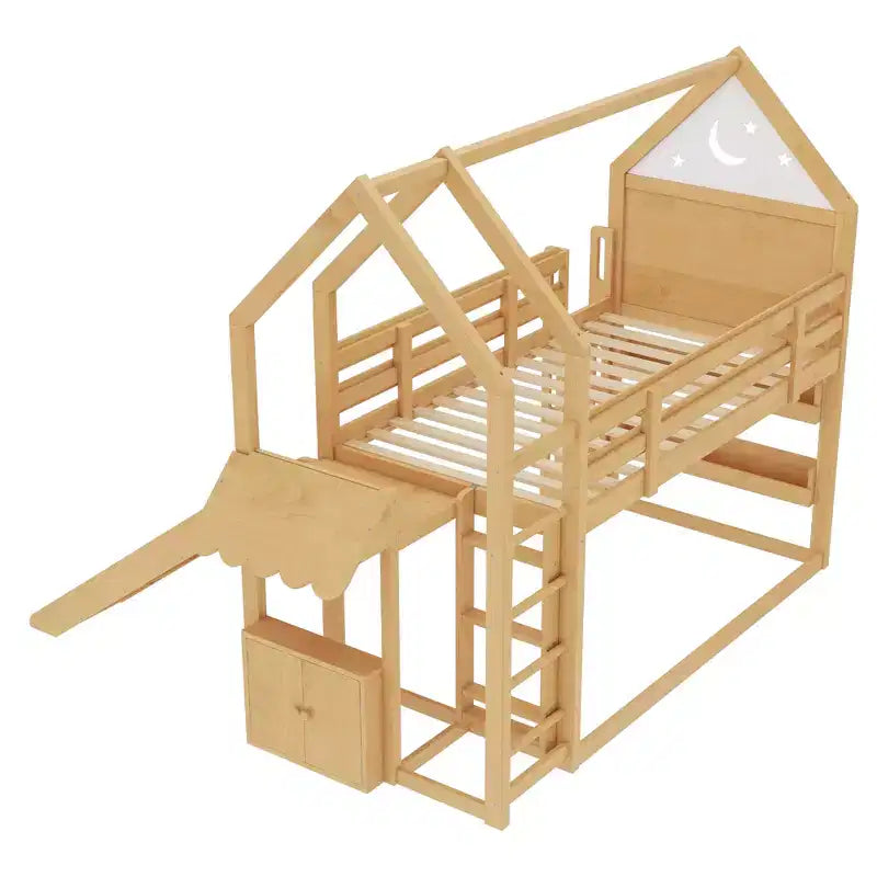 Lit mezzanine Bellemave House avec étagère et toboggan, structure de lit mezzanine en bois massif avec barrières de sécurité et design ludique pour enfants