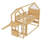 Lit mezzanine Bellemave House avec étagère et toboggan, structure de lit mezzanine en bois massif avec barrières de sécurité et design ludique pour enfants