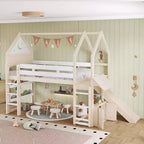 Lit mezzanine Bellemave House avec étagère et toboggan, structure de lit mezzanine en bois massif avec barrières de sécurité et design ludique pour enfants