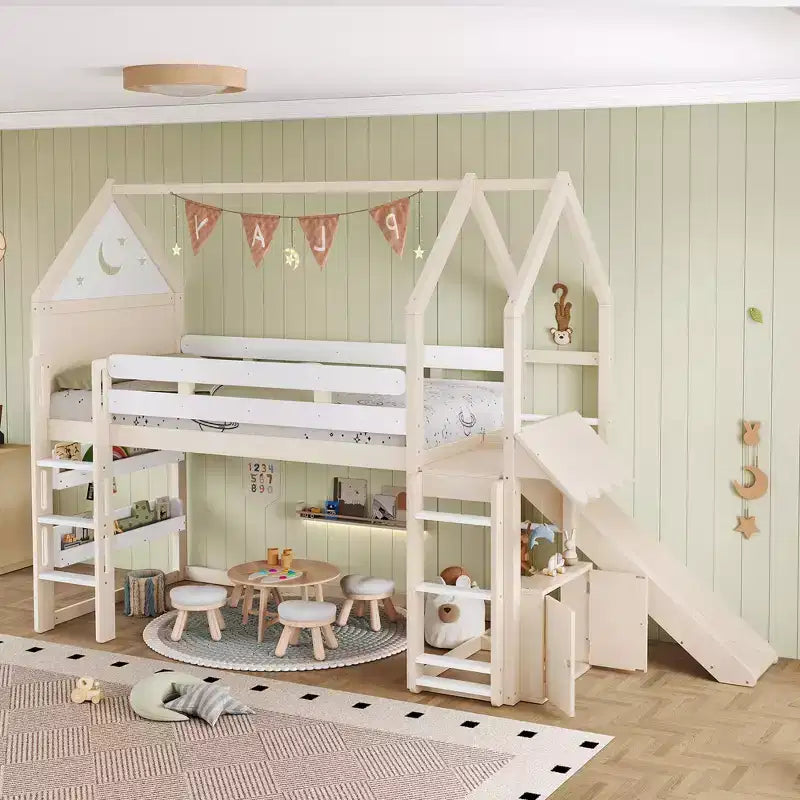 Lit mezzanine Bellemave House avec étagère et toboggan, structure de lit mezzanine en bois massif avec barrières de sécurité et design ludique pour enfants