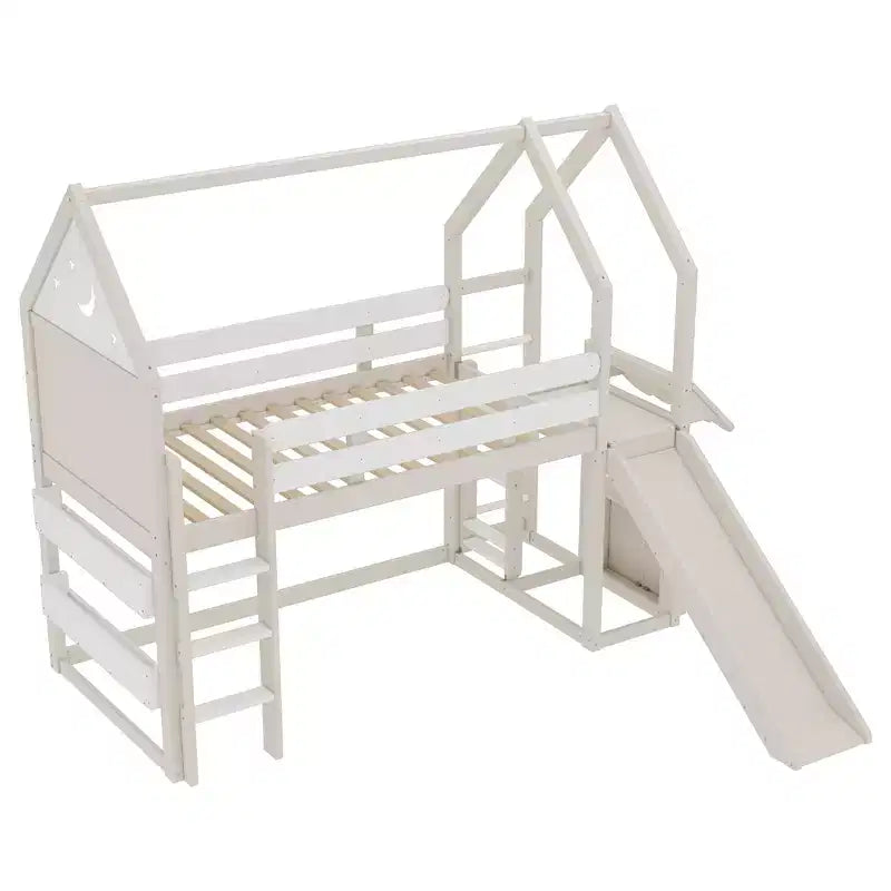 Lit mezzanine Bellemave House avec étagère et toboggan, structure de lit mezzanine en bois massif avec barrières de sécurité et design ludique pour enfants