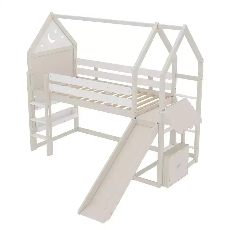 Lit mezzanine Bellemave House avec étagère et toboggan, structure de lit mezzanine en bois massif avec barrières de sécurité et design ludique pour enfants