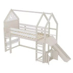 Lit mezzanine Bellemave House avec étagère et toboggan, structure de lit mezzanine en bois massif avec barrières de sécurité et design ludique pour enfants