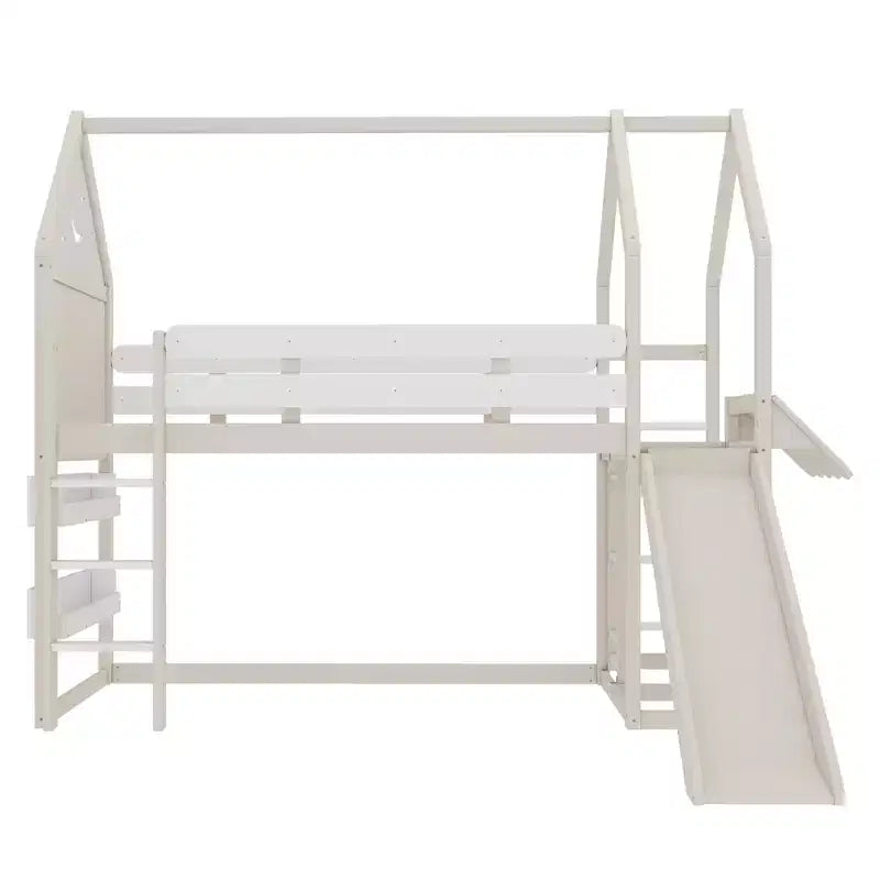 Lit mezzanine Bellemave House avec étagère et toboggan, structure de lit mezzanine en bois massif avec barrières de sécurité et design ludique pour enfants