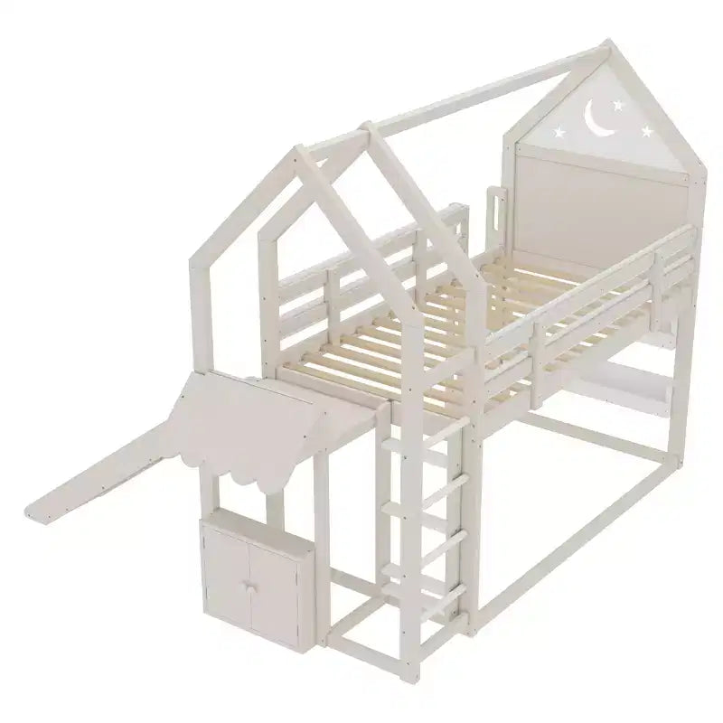 Lit mezzanine Bellemave House avec étagère et toboggan, structure de lit mezzanine en bois massif avec barrières de sécurité et design ludique pour enfants