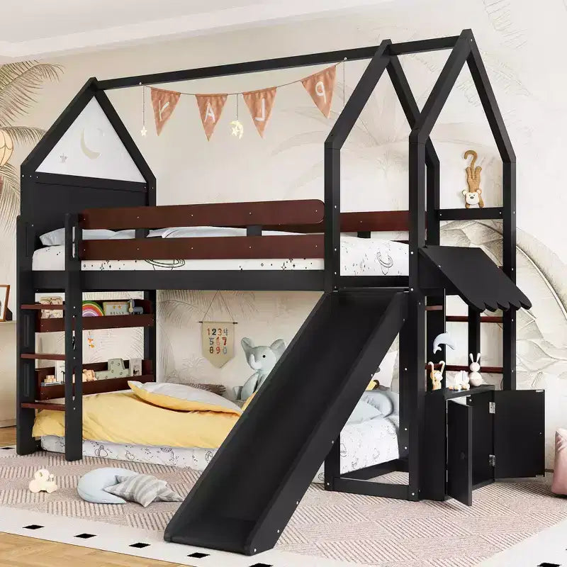 Lit mezzanine Bellemave House avec étagère et toboggan, structure de lit mezzanine en bois massif avec barrières de sécurité et design ludique pour enfants