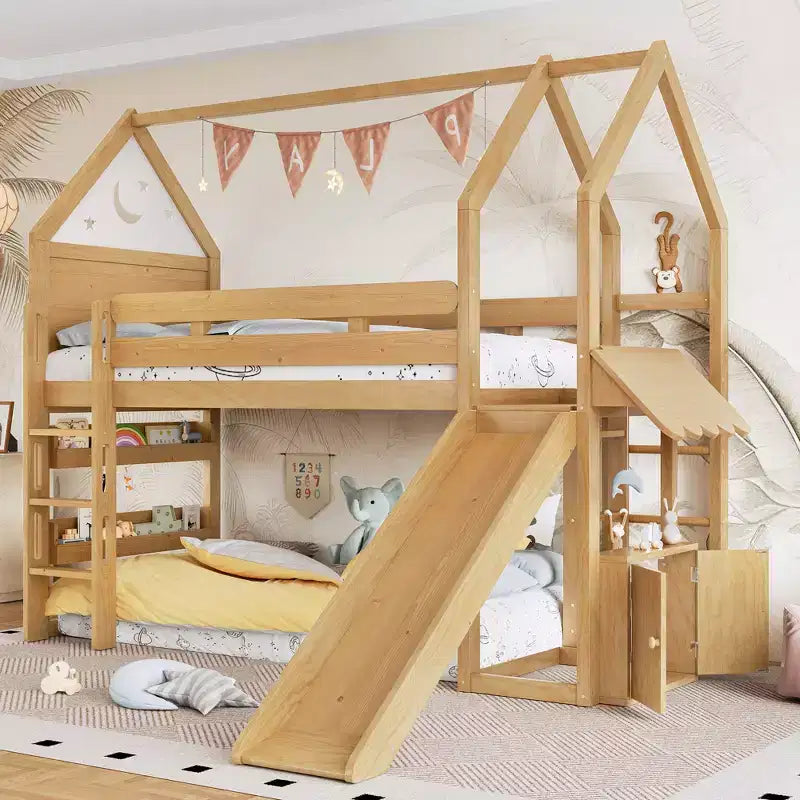 Lit mezzanine Bellemave House avec étagère et toboggan, structure de lit mezzanine en bois massif avec barrières de sécurité et design ludique pour enfants