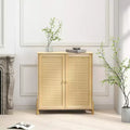 Mid-century storage cabinet with rattan doors, adjustable shelves, and solid wood baseversatile organizer for living or dining room.