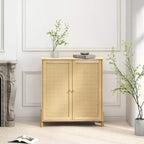Mid-century storage cabinet with rattan doors, adjustable shelves, and solid wood baseversatile organizer for living or dining room.