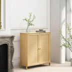 Meuble de rangement mi-siècle avec portes en rotin, étagères réglables et base en bois massif – organisateur polyvalent pour le salon ou la salle à manger.