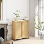Meuble de rangement mi-siècle avec portes en rotin, étagères réglables et base en bois massif – organisateur polyvalent pour le salon ou la salle à manger.