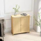 Meuble de rangement mi-siècle avec portes en rotin, étagères réglables et base en bois massif – organisateur polyvalent pour le salon ou la salle à manger.