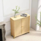 Meuble de rangement mi-siècle avec portes en rotin, étagères réglables et base en bois massif – organisateur polyvalent pour le salon ou la salle à manger.