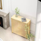 Meuble de rangement mi-siècle avec portes en rotin, étagères réglables et base en bois massif – organisateur polyvalent pour le salon ou la salle à manger.
