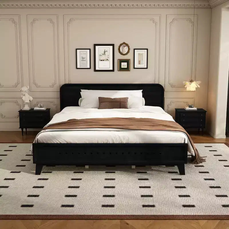 Queen/King Size Bed Frame, Pine Wood Platform Bed with Headboard, No Box Spring Needed - ModernLuxe