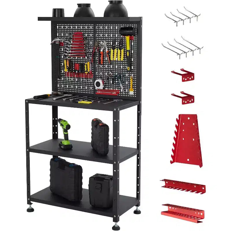 COZONY 32 Heavy Duty Steel Workbench  Space Saving Tool Storage Cabinet with Pegboard, Adjustable Height, Hooks, 2-Tier Shelves, 650 lbs Capacity