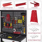 COZONY Établi robuste en acier de 32 pouces, avec rangement à outils peu encombrant, panneau perforé, hauteur réglable, crochets, 2 étagères, capacité de 295 kg
