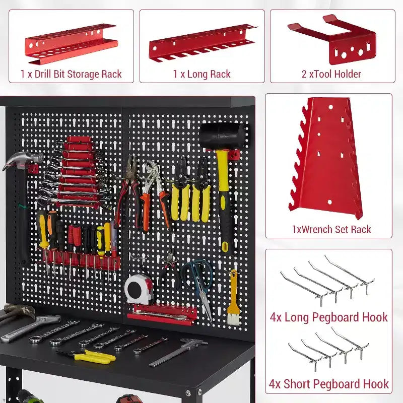 COZONY Établi robuste en acier de 32 pouces, avec rangement à outils peu encombrant, panneau perforé, hauteur réglable, crochets, 2 étagères, capacité de 295 kg