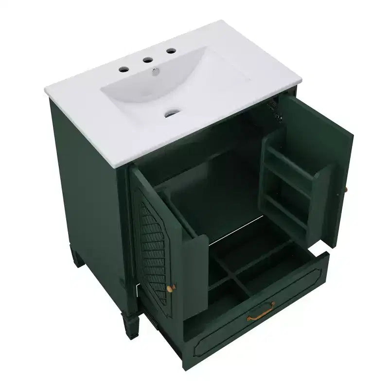 Meuble de salle de bain 76 cm avec lavabo intégré, Meuble de rangement de salle de bain avec tiroirs et étagère de porte, Meuble de salle de bain simple vasque
