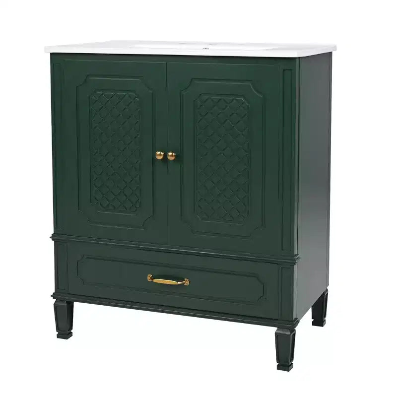 Meuble de salle de bain 76 cm avec lavabo intégré, Meuble de rangement de salle de bain avec tiroirs et étagère de porte, Meuble de salle de bain simple vasque