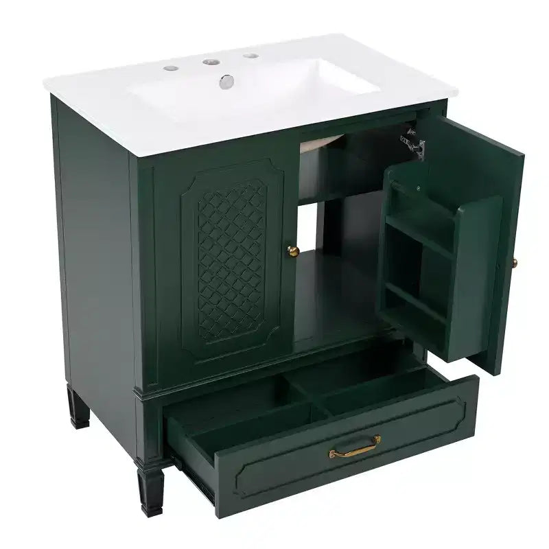 Meuble de salle de bain 76 cm avec lavabo intégré, Meuble de rangement de salle de bain avec tiroirs et étagère de porte, Meuble de salle de bain simple vasque
