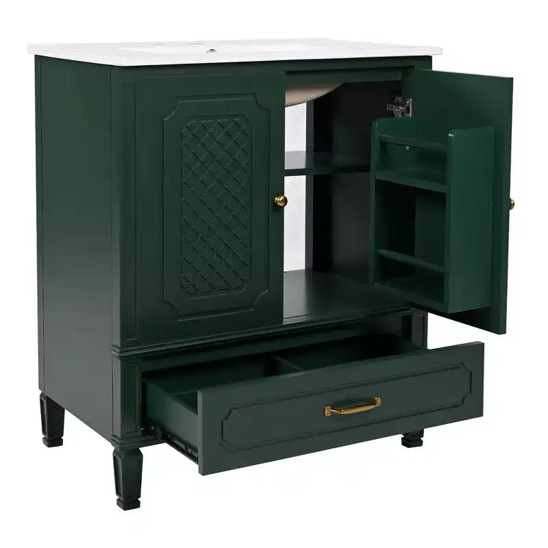 Meuble de salle de bain 76 cm avec lavabo intégré, Meuble de rangement de salle de bain avec tiroirs et étagère de porte, Meuble de salle de bain simple vasque
