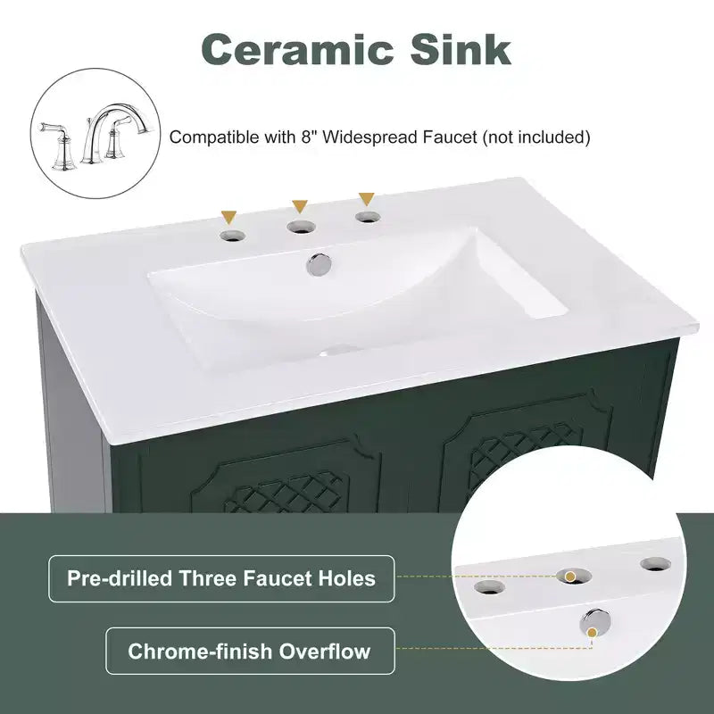 Meuble de salle de bain 76 cm avec lavabo intégré, Meuble de rangement de salle de bain avec tiroirs et étagère de porte, Meuble de salle de bain simple vasque