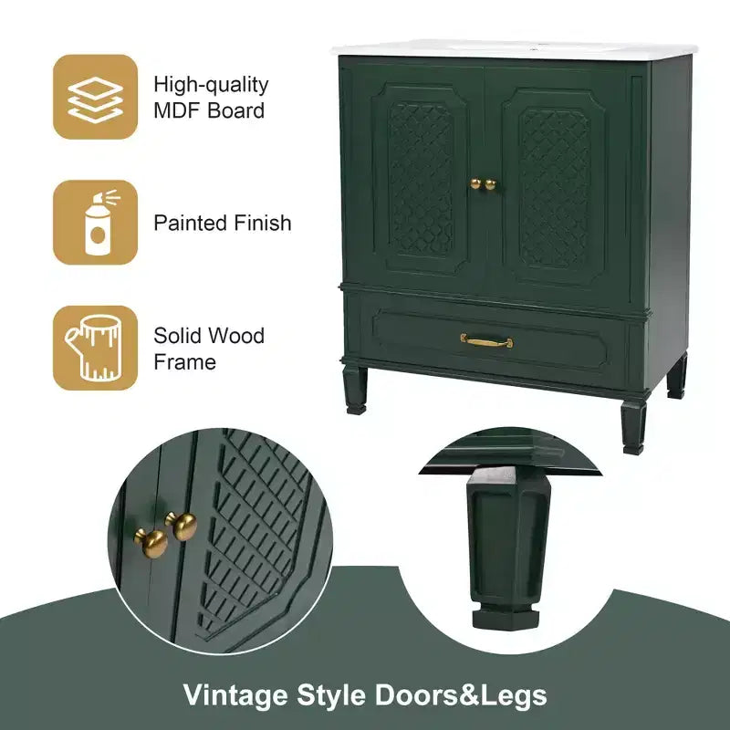 Meuble de salle de bain 76 cm avec lavabo intégré, Meuble de rangement de salle de bain avec tiroirs et étagère de porte, Meuble de salle de bain simple vasque