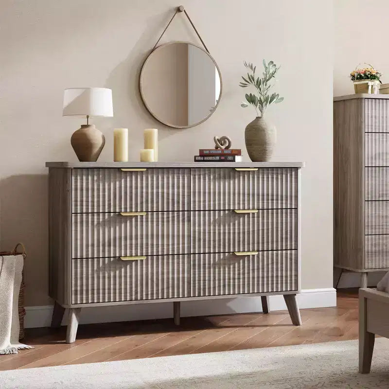 Commode cannelée à 6 tiroirs, meuble de rangement au design ondulé en panneaux de particules et MDF