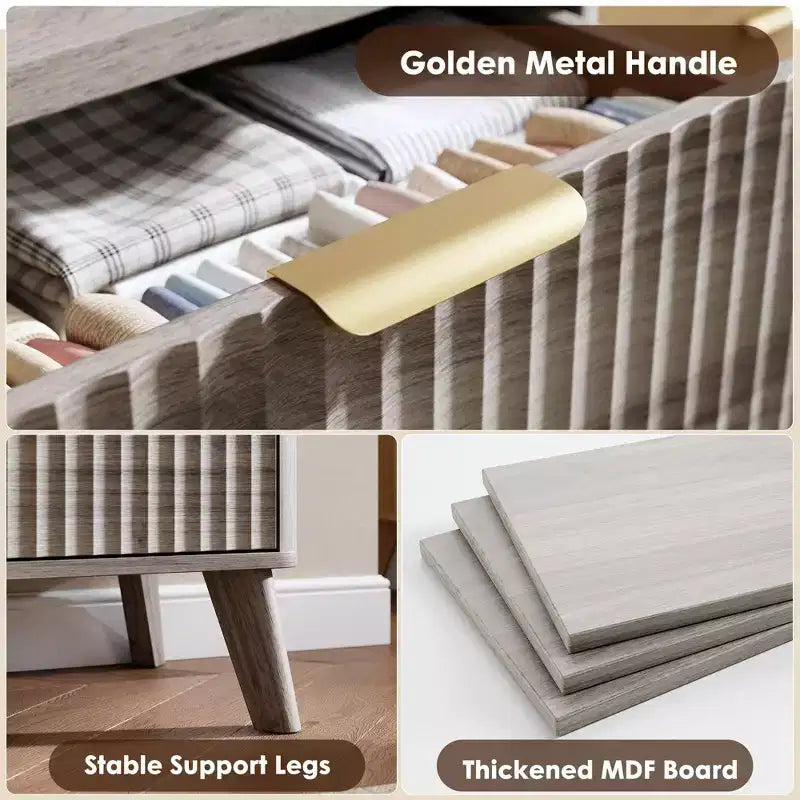 Commode cannelée à 6 tiroirs, meuble de rangement au design ondulé en panneaux de particules et MDF