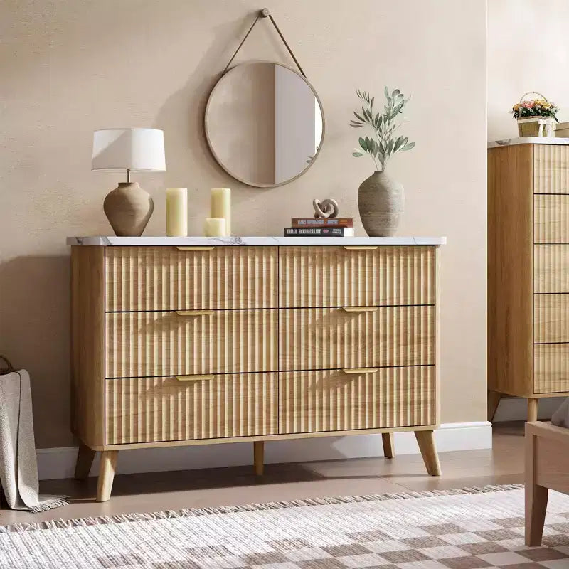 Commode cannelée à 6 tiroirs, meuble de rangement au design ondulé en panneaux de particules et MDF