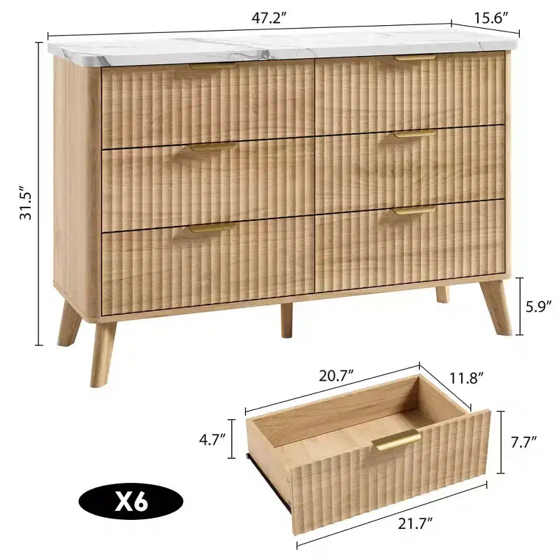 Commode cannelée à 6 tiroirs, meuble de rangement au design ondulé en panneaux de particules et MDF