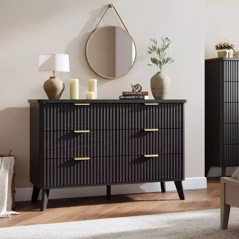 Commode cannelée à 6 tiroirs, meuble de rangement au design ondulé en panneaux de particules et MDF