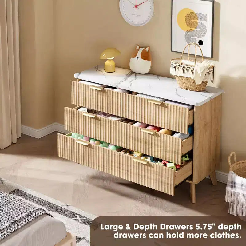 Commode cannelée à 6 tiroirs, meuble de rangement au design ondulé en panneaux de particules et MDF