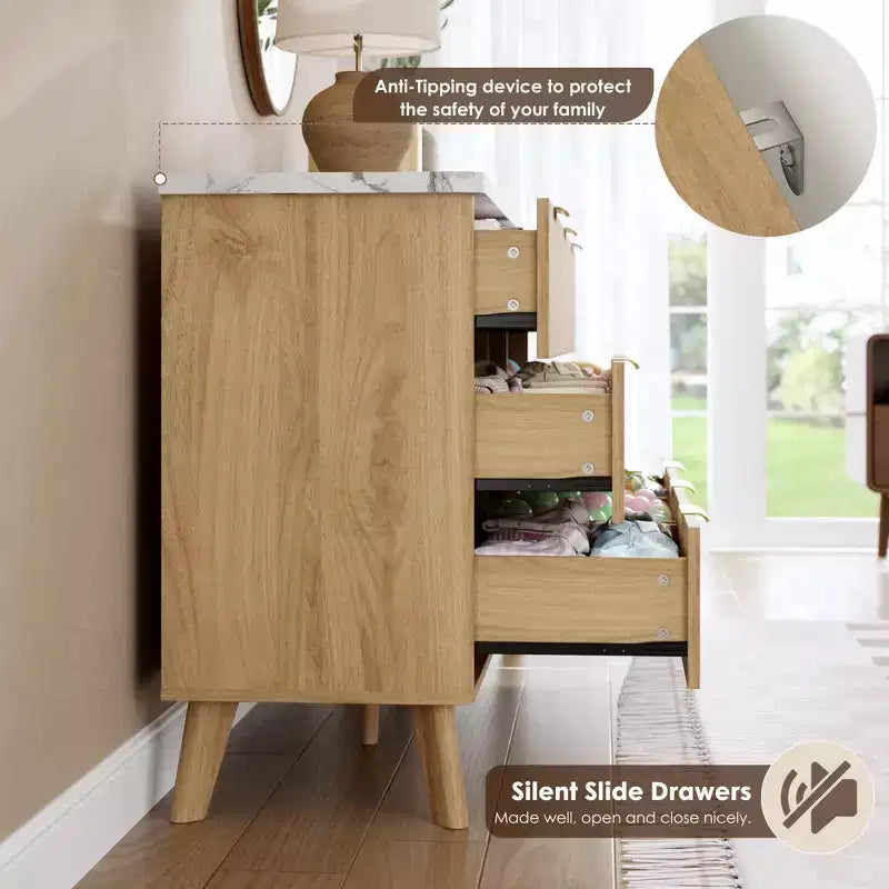 Commode cannelée à 6 tiroirs, meuble de rangement au design ondulé en panneaux de particules et MDF