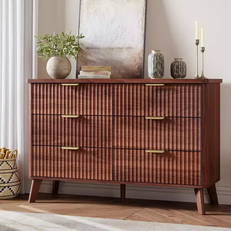 Commode cannelée à 6 tiroirs, meuble de rangement au design ondulé en panneaux de particules et MDF