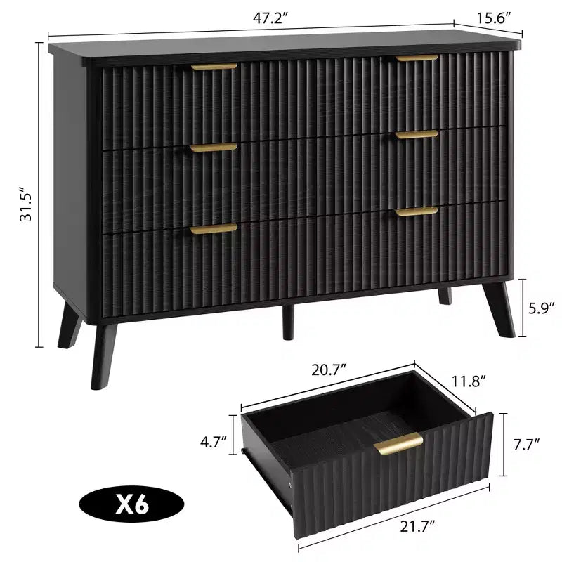 Commode cannelée à 6 tiroirs, meuble de rangement au design ondulé en panneaux de particules et MDF