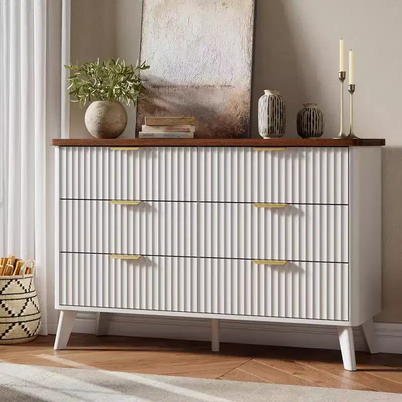 Commode cannelée à 6 tiroirs, meuble de rangement au design ondulé en panneaux de particules et MDF