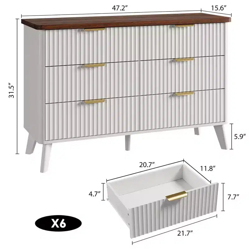 Commode cannelée à 6 tiroirs, meuble de rangement au design ondulé en panneaux de particules et MDF