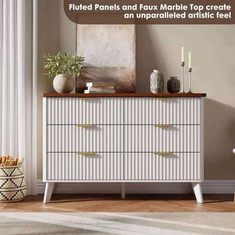 Commode cannelée à 6 tiroirs, meuble de rangement au design ondulé en panneaux de particules et MDF