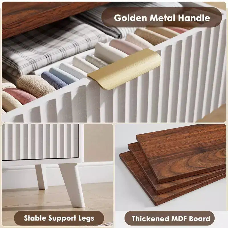 Commode cannelée à 6 tiroirs, meuble de rangement au design ondulé en panneaux de particules et MDF