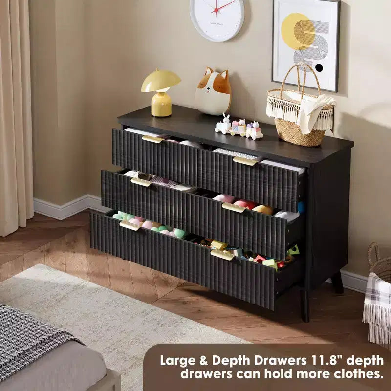 Commode cannelée à 6 tiroirs, meuble de rangement au design ondulé en panneaux de particules et MDF