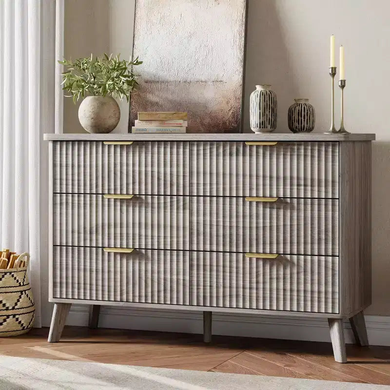 Commode cannelée à 6 tiroirs, meuble de rangement au design ondulé en panneaux de particules et MDF