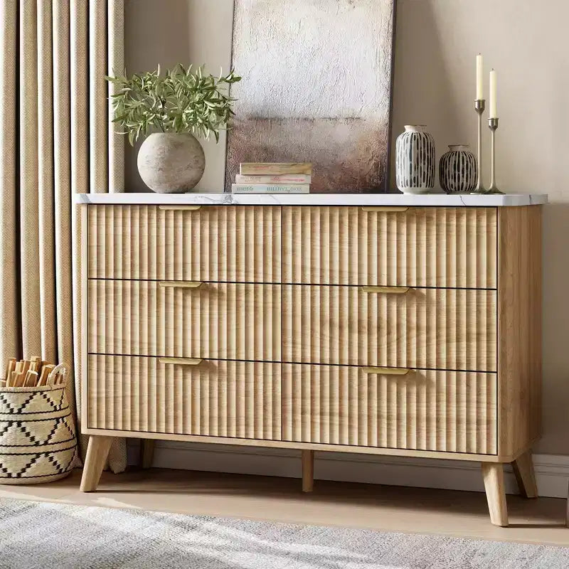 Commode cannelée à 6 tiroirs, meuble de rangement au design ondulé en panneaux de particules et MDF